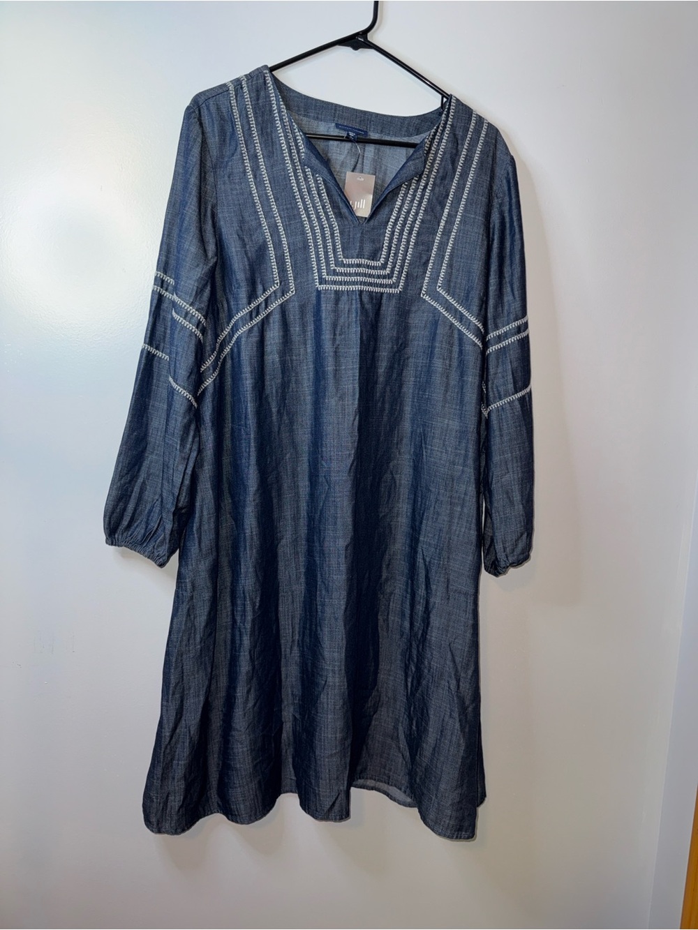 J. Jill Indigo Chambray Tunic Dress with White Embroidery